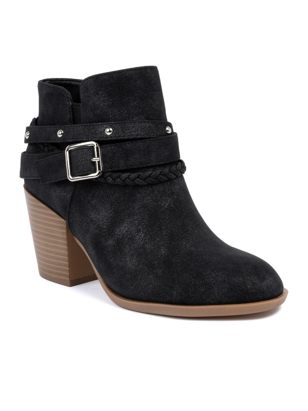 Sugar Black Suede Ankle Boots with Buckle and Braided Strap